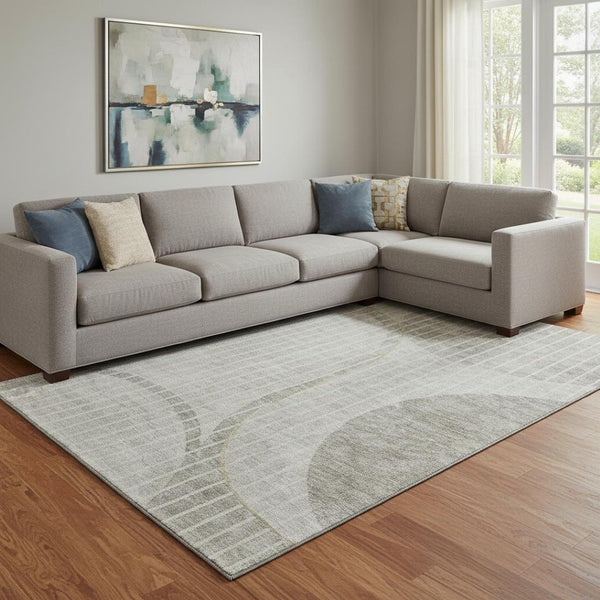 HomeRoots 9' X 12' Stylish Taupe & Ivory Striped Washable Area Rug with UV Protection for Any Home Décor 657682
