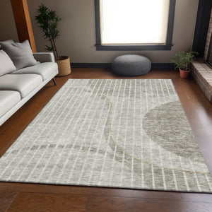 HomeRoots 10' Taupe and Ivory Striped Area Rug - Washable, UV Protected, Perfect for High-Traffic Spaces! 657683