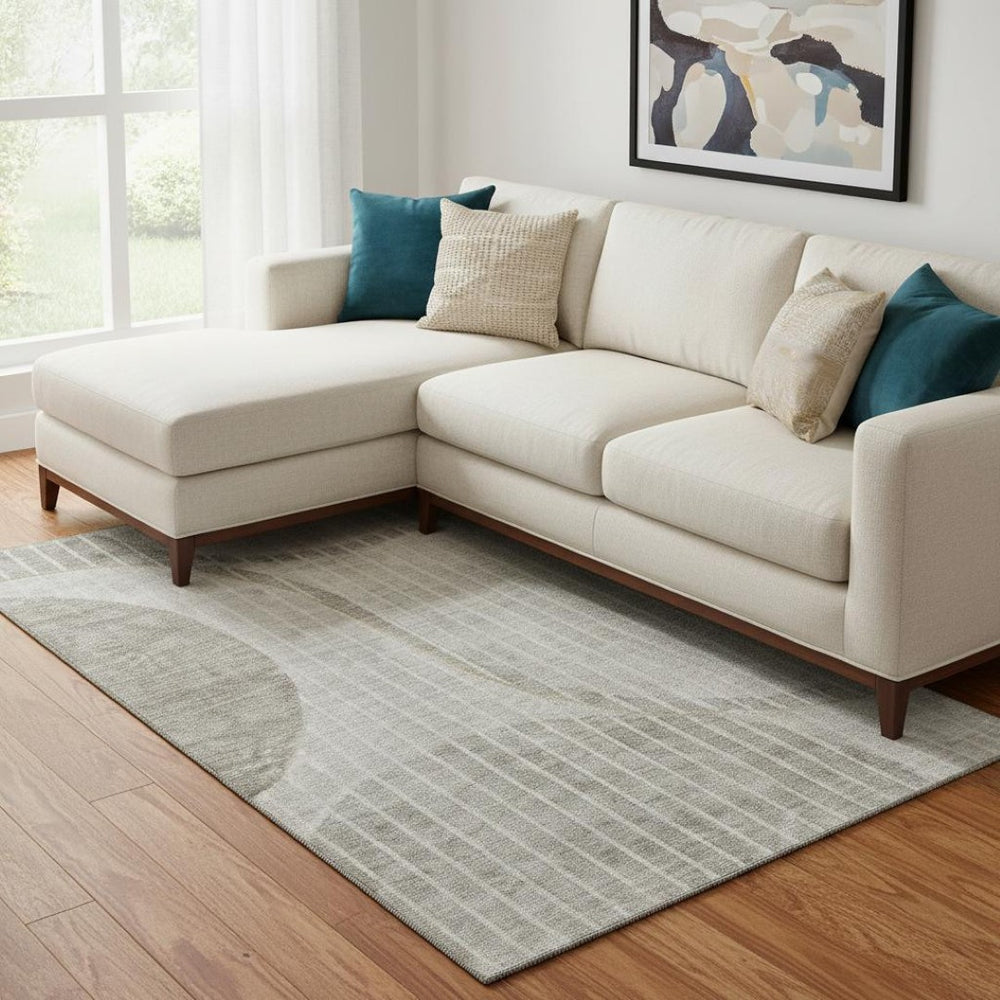 HomeRoots 10' Taupe and Ivory Striped Area Rug - Washable, UV Protected, Perfect for High-Traffic Spaces! 657683