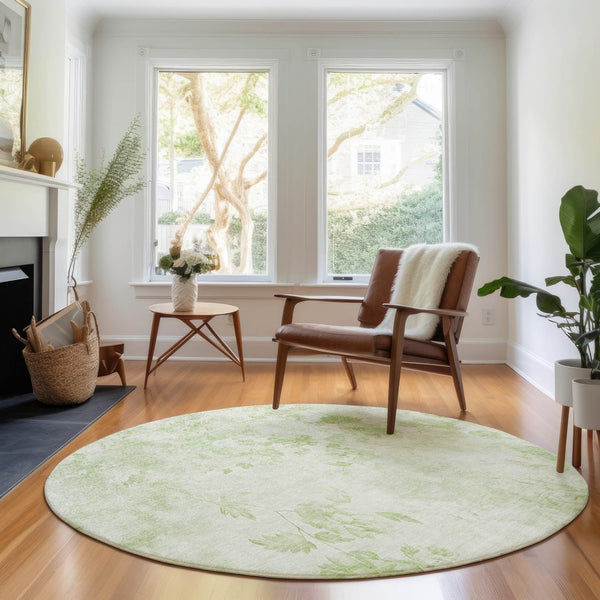 HomeRoots 8' Timeless Artichoke Green & Ivory Floral Washable Round Rug with Stain Resistance & UV Guard 657686