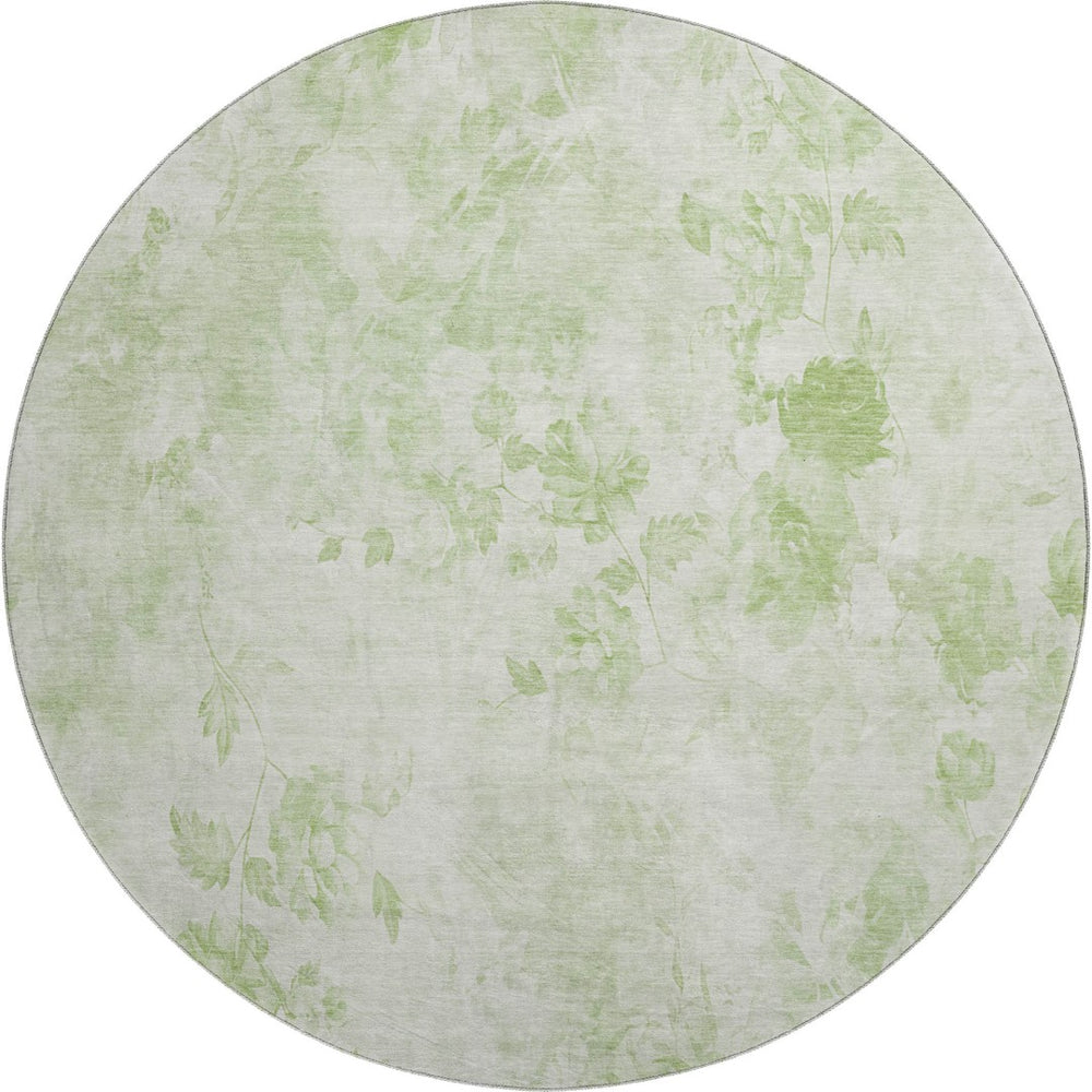 HomeRoots 8' Timeless Artichoke Green & Ivory Floral Washable Round Rug with Stain Resistance & UV Guard 657686