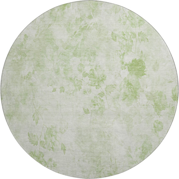 HomeRoots 8' Timeless Artichoke Green & Ivory Floral Washable Round Rug with Stain Resistance & UV Guard 657686