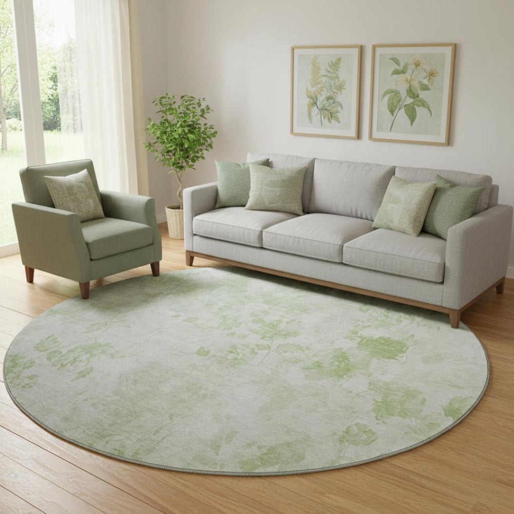 HomeRoots 8' Timeless Artichoke Green & Ivory Floral Washable Round Rug with Stain Resistance & UV Guard 657686