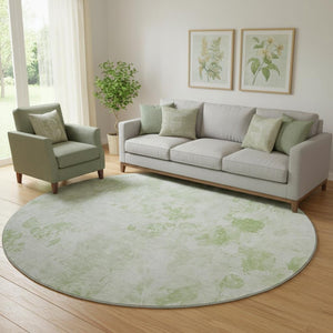 HomeRoots 8' Timeless Artichoke Green & Ivory Floral Washable Round Rug with Stain Resistance & UV Guard 657686