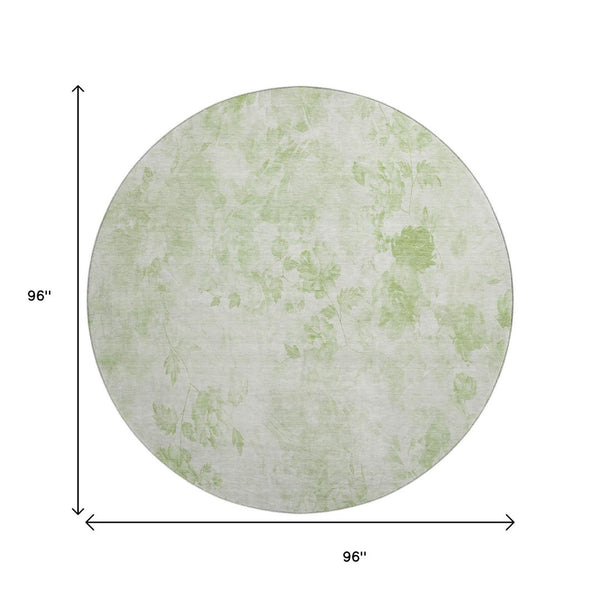 HomeRoots 8' Timeless Artichoke Green & Ivory Floral Washable Round Rug with Stain Resistance & UV Guard 657686