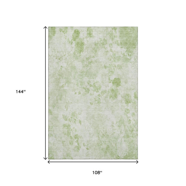 HomeRoots 9' X 12' Artichoke Green Floral Area Rug – Washable, Stain Resistant, UV Protected for Busy Homes 657688