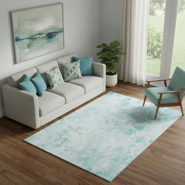HomeRoots 5' X 8' Aqua and Ivory Floral Area Rug - Washable, UV-Protected, Stain-Resistant, Durable Design 657691