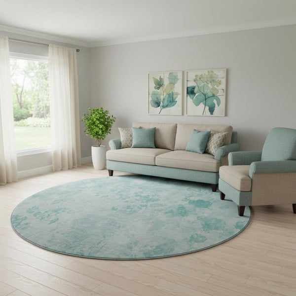 HomeRoots 8' Aqua and Ivory Floral Round Rug - Washable, UV Protected, Durable Design for Elegant Living Spaces 657692