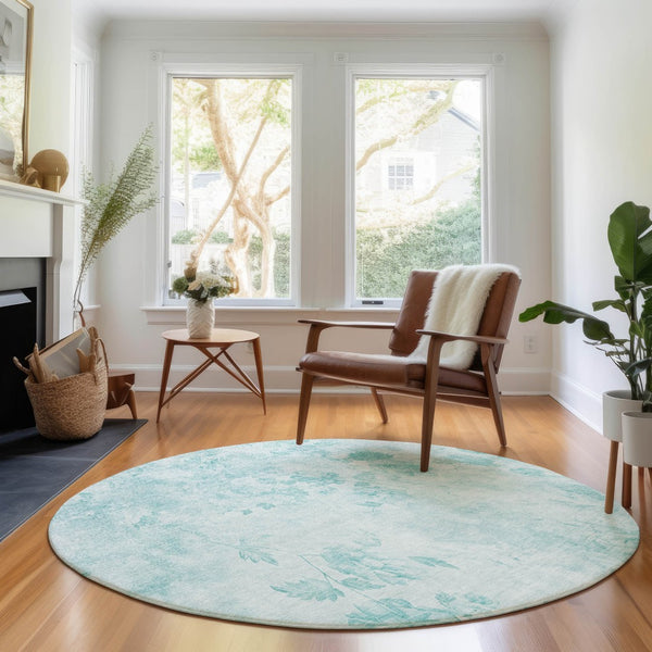 HomeRoots 8' Aqua and Ivory Floral Round Rug - Washable, UV Protected, Durable Design for Elegant Living Spaces 657692