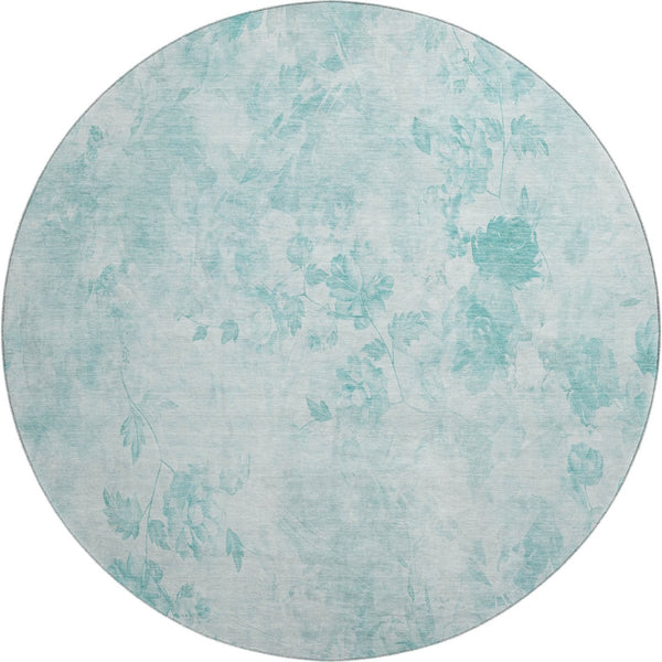 HomeRoots 8' Aqua and Ivory Floral Round Rug - Washable, UV Protected, Durable Design for Elegant Living Spaces 657692