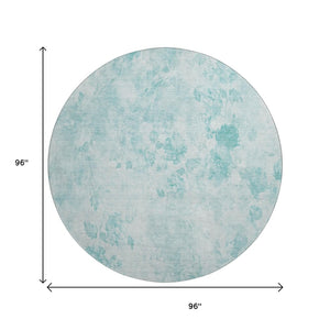 HomeRoots 8' Aqua and Ivory Floral Round Rug - Washable, UV Protected, Durable Design for Elegant Living Spaces 657692