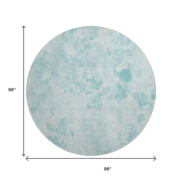 HomeRoots 8' Aqua and Ivory Floral Round Rug - Washable, UV Protected, Durable Design for Elegant Living Spaces 657692