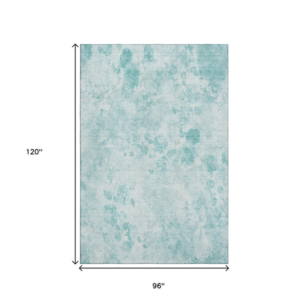 HomeRoots 8' X 10' Aqua and Ivory Floral Area Rug - Washable, UV-Protected, Durable for Busy Homes & Kids 657693