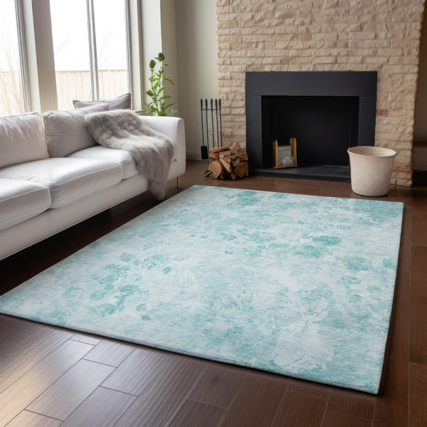 HomeRoots 8' X 10' Aqua and Ivory Floral Area Rug - Washable, UV-Protected, Durable for Busy Homes & Kids 657693