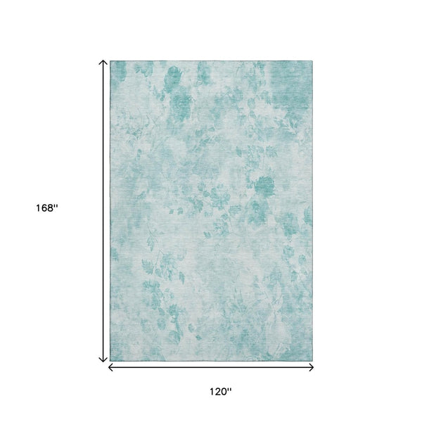 HomeRoots 10' Aqua and Ivory Floral Area Rug - Washable, UV Protected, Stain Resistant for Modern Living Spaces 657695