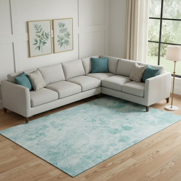 HomeRoots 10' Aqua and Ivory Floral Area Rug - Washable, UV Protected, Stain Resistant for Modern Living Spaces 657695