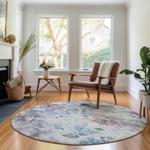 HomeRoots 8' Stylish Floral Washable Round Rug in Blue, Blush & Ivory – UV Protected, Easy to Clean, Durable Design 657698