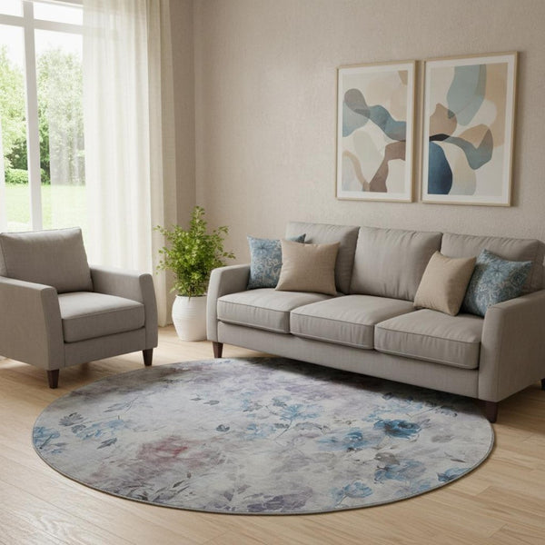 HomeRoots 8' Stylish Floral Washable Round Rug in Blue, Blush & Ivory – UV Protected, Easy to Clean, Durable Design 657698