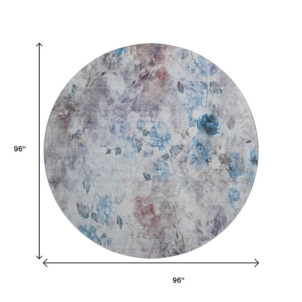 HomeRoots 8' Stylish Floral Washable Round Rug in Blue, Blush & Ivory – UV Protected, Easy to Clean, Durable Design 657698