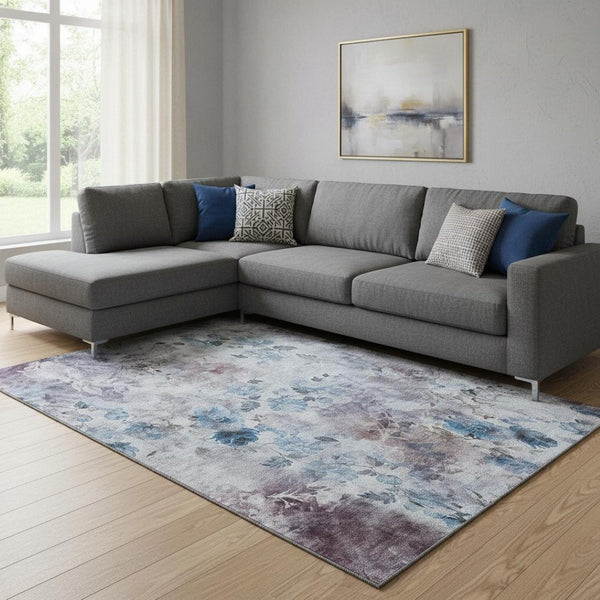 HomeRoots 8' X 10' Elegant Blue Blush Floral Area Rug - Washable, UV Protected, Ideal for Homes with Kids & Pets 657699