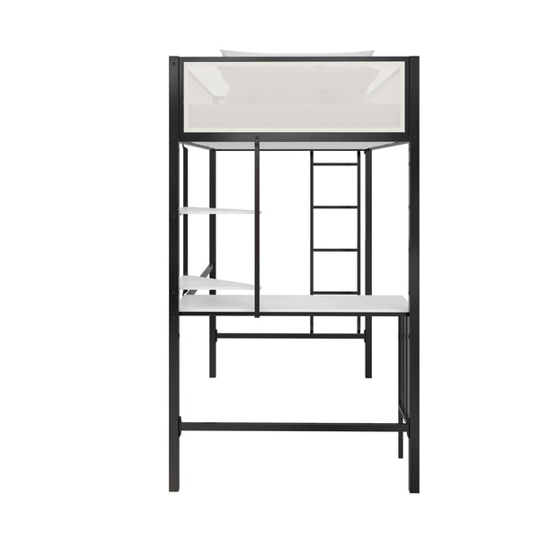 English Elm Axel Twin Loft Bed with Desk, Shelves & Mesh Guardrails — Space-Saving Metal Frame for Kids Teens Dorms B2733P358857