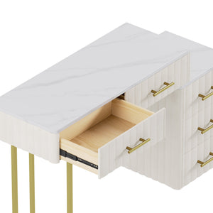 English Elm Velvet Upholstered Vanity Desk Set with Marble-Look Top, Padded Chair, 5 Spacious Drawers & Gold Accents Beige 17.5 L x 16.3 W x 16.1 H N733S272606A