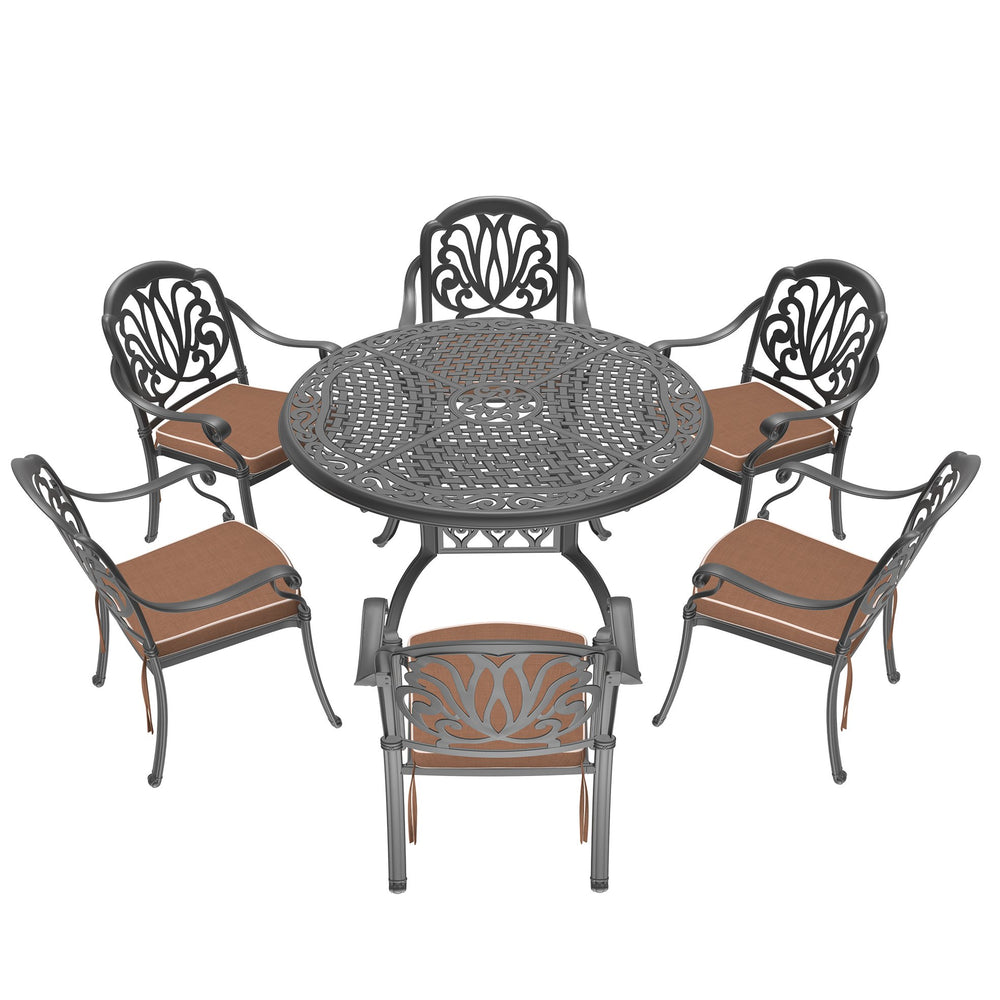 English Elm 7-Piece Cast Aluminum Patio Furniture Set With Brown Cushions – Stylish, Durable, Seats 6 People! W1710S00482