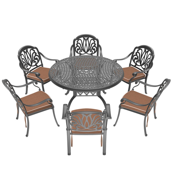 English Elm 7-Piece Cast Aluminum Patio Furniture Set With Brown Cushions – Stylish, Durable, Seats 6 People! W1710S00482