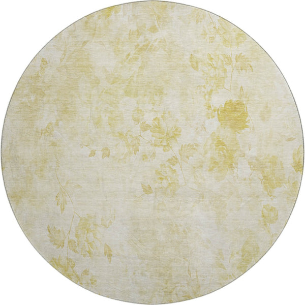 HomeRoots 8' Gold and Ivory Floral Round Rug - Washable, UV-Protected, Stain-Resistant for Busy Homes 657704