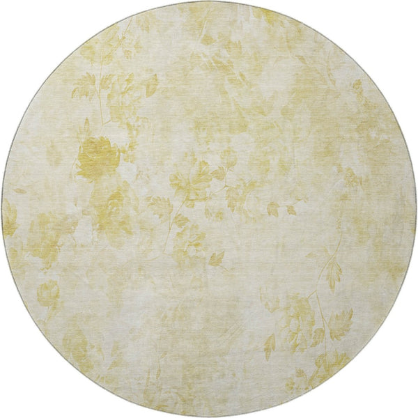 HomeRoots 8' Gold and Ivory Floral Round Rug - Washable, UV-Protected, Stain-Resistant for Busy Homes 657704