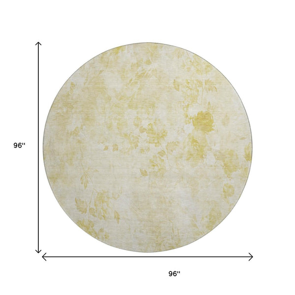 HomeRoots 8' Gold and Ivory Floral Round Rug - Washable, UV-Protected, Stain-Resistant for Busy Homes 657704