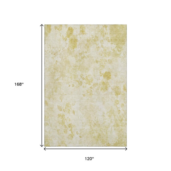 HomeRoots 10' X 14' Gold Ivory Floral Area Rug - Washable, Stain Resistant, UV Protected for Everyday Use 657707