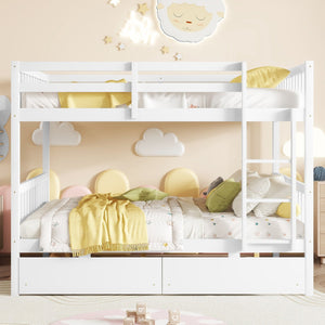 English Elm Full Full Over Full Bunk Bed In White - Durable Rubberwood With 2 Drawers, Converts To 2 Beds, Safe Design W504S00195