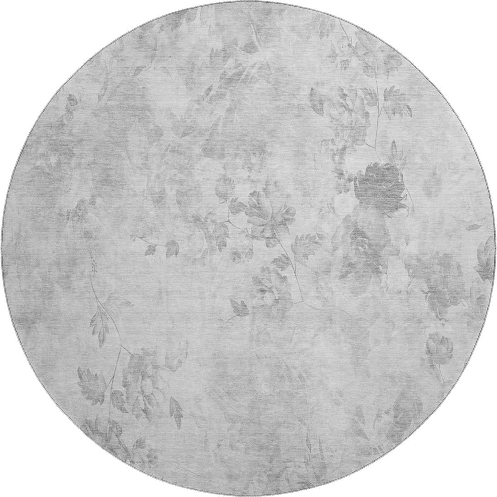 HomeRoots 8' Gray and Silver Floral Washable Round Rug - Elegant, UV-Protected, Easy-Care Design for Any Space 657710