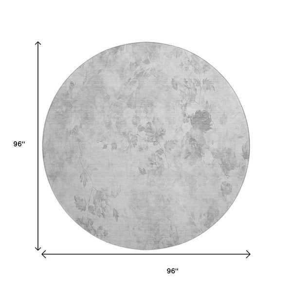 HomeRoots 8' Gray and Silver Floral Washable Round Rug - Elegant, UV-Protected, Easy-Care Design for Any Space 657710