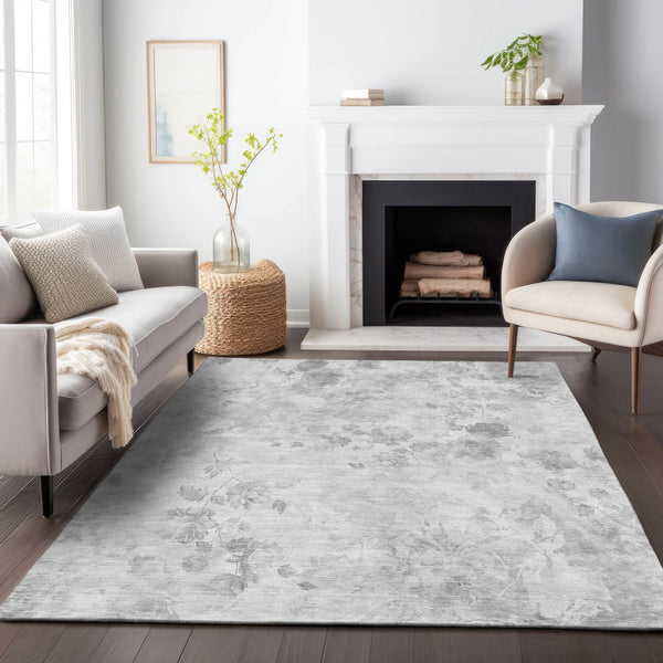 HomeRoots 10' x 14' Gray & Silver Floral Area Rug - Washable, UV-Protected, Perfect for High-Traffic Spaces! 657713