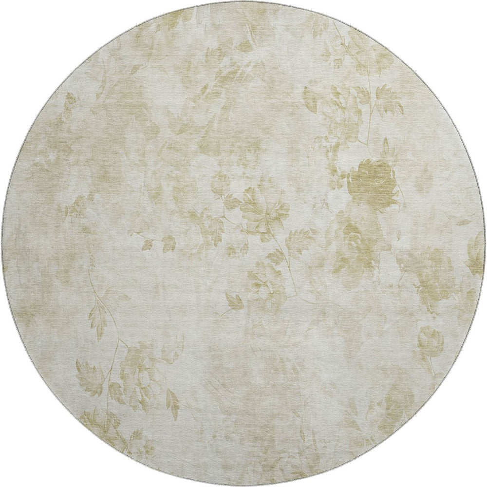 HomeRoots 8' Khaki and Ivory Floral Washable Round Rug - Durable, UV-Protected, Perfect for Any Space! 657716