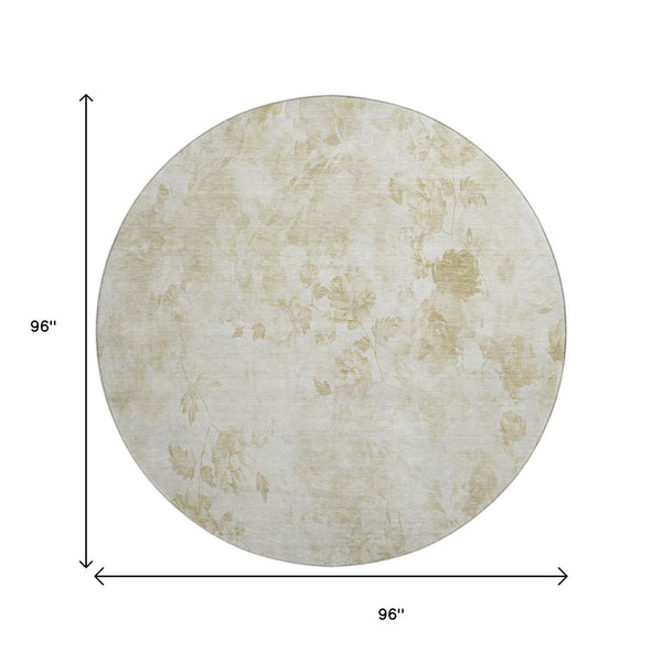 HomeRoots 8' Khaki and Ivory Floral Washable Round Rug - Durable, UV-Protected, Perfect for Any Space! 657716