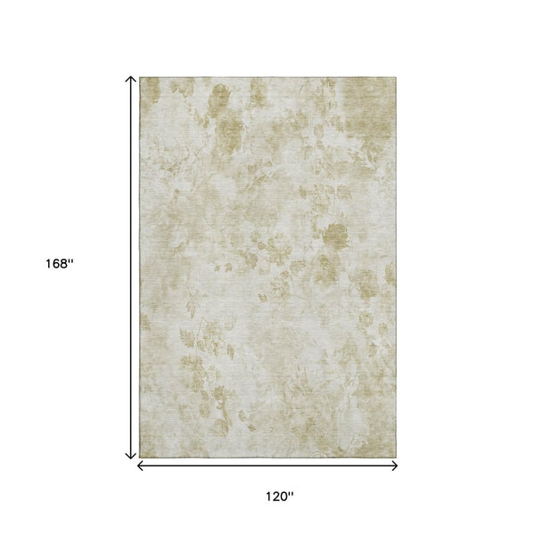 HomeRoots 10' Khaki and Ivory Floral Washable Area Rug - Durable, UV Protected, Stain-Resistant for Families 657719