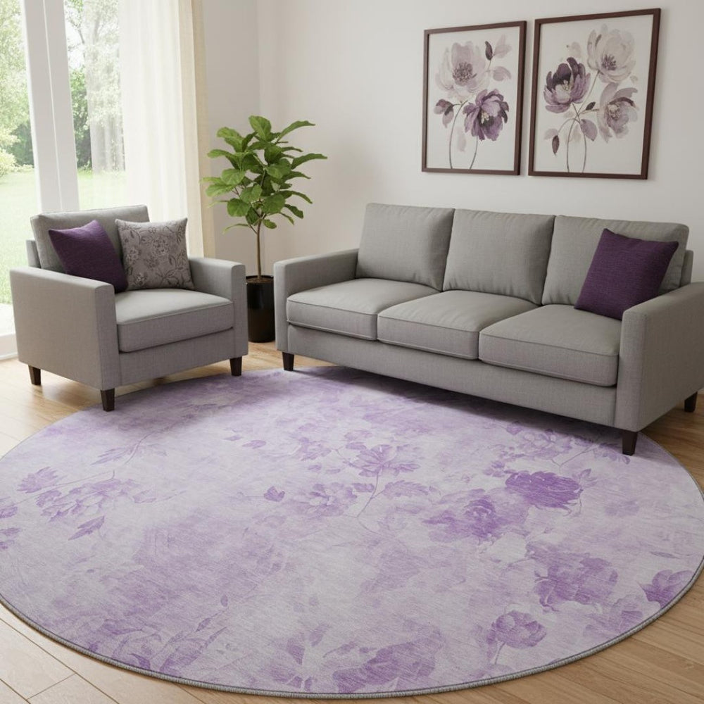 HomeRoots 8' Lavender and Ivory Floral Round Rug - Washable, UV Protected, Soft & Durable for Busy Homes! 657722