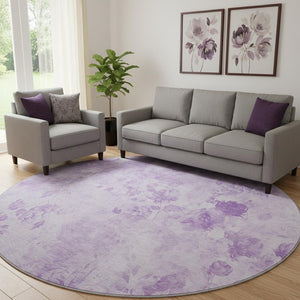 HomeRoots 8' Lavender and Ivory Floral Round Rug - Washable, UV Protected, Soft & Durable for Busy Homes! 657722