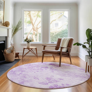 HomeRoots 8' Lavender and Ivory Floral Round Rug - Washable, UV Protected, Soft & Durable for Busy Homes! 657722