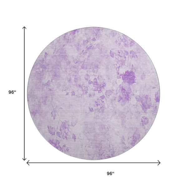 HomeRoots 8' Lavender and Ivory Floral Round Rug - Washable, UV Protected, Soft & Durable for Busy Homes! 657722