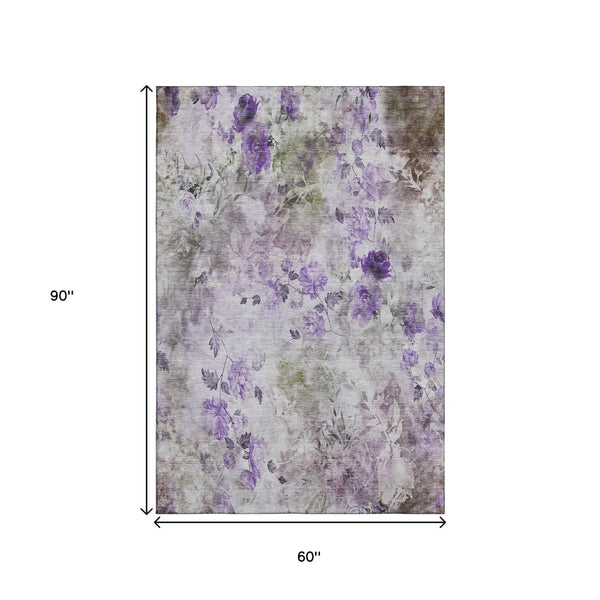 HomeRoots 5' X 8' Floral Washable Area Rug in Purple, Gray & Ivory – UV Protected for High-Traffic Homes 657727