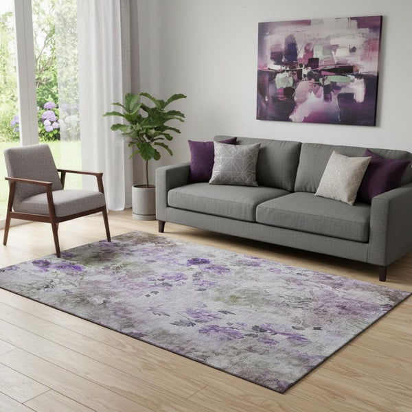 HomeRoots 5' X 8' Floral Washable Area Rug in Purple, Gray & Ivory – UV Protected for High-Traffic Homes 657727
