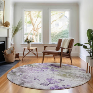 HomeRoots 8' Elegant Floral Washable Round Rug in Purple, Gray & Ivory – Durable, UV-Protected & Stylish! 657728