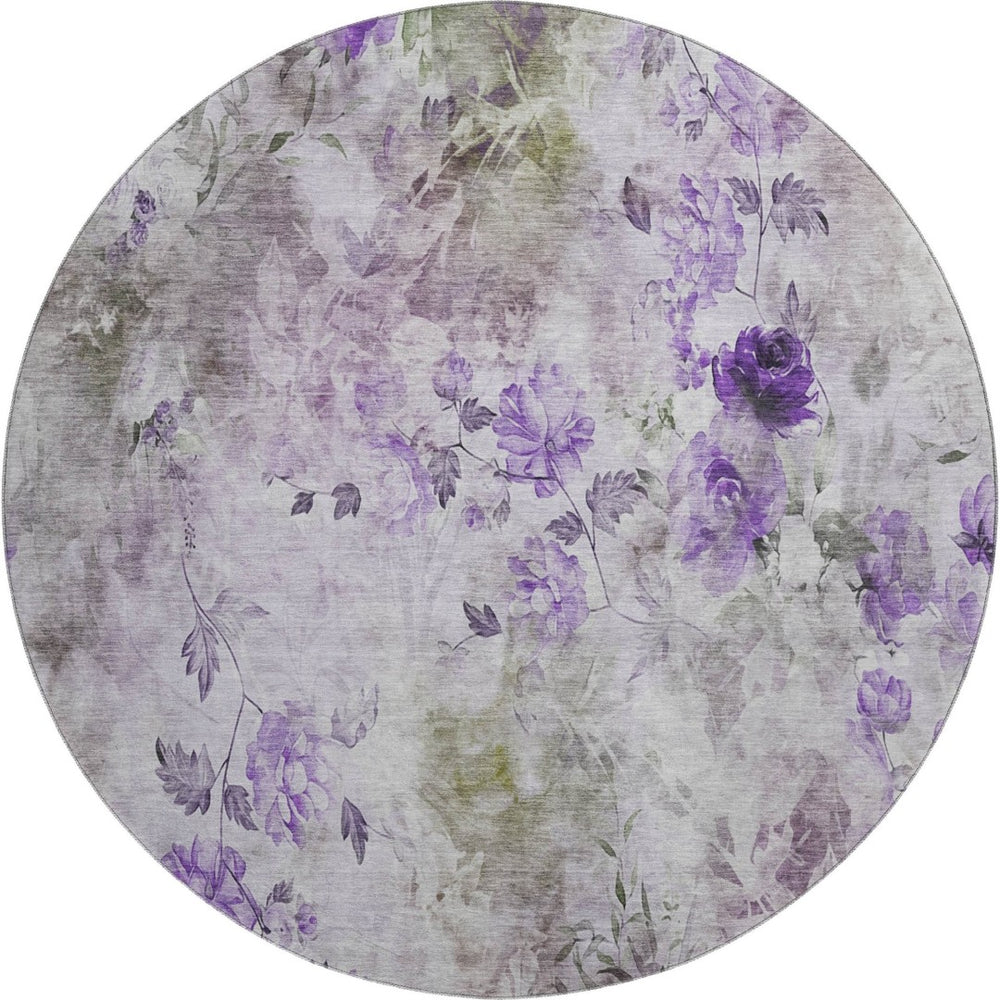 HomeRoots 8' Elegant Floral Washable Round Rug in Purple, Gray & Ivory – Durable, UV-Protected & Stylish! 657728
