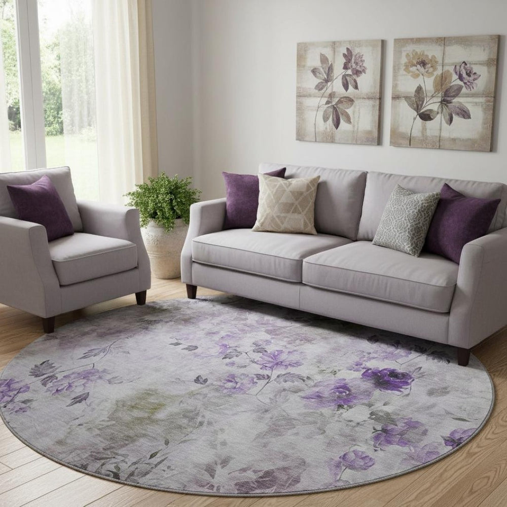 HomeRoots 8' Elegant Floral Washable Round Rug in Purple, Gray & Ivory – Durable, UV-Protected & Stylish! 657728