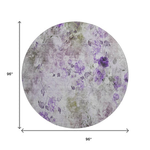 HomeRoots 8' Elegant Floral Washable Round Rug in Purple, Gray & Ivory – Durable, UV-Protected & Stylish! 657728