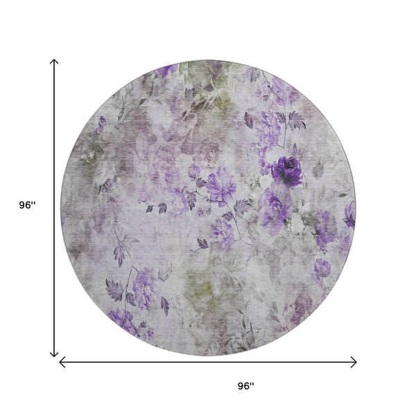HomeRoots 8' Elegant Floral Washable Round Rug in Purple, Gray & Ivory – Durable, UV-Protected & Stylish! 657728